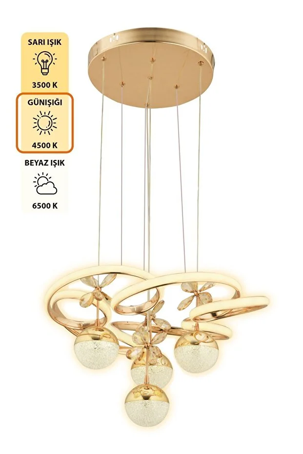 Armoni Kumandalı 3 Renk Işık Özellikli Modern Gold Kaplama Sarkıt Led Avize Salon Avize